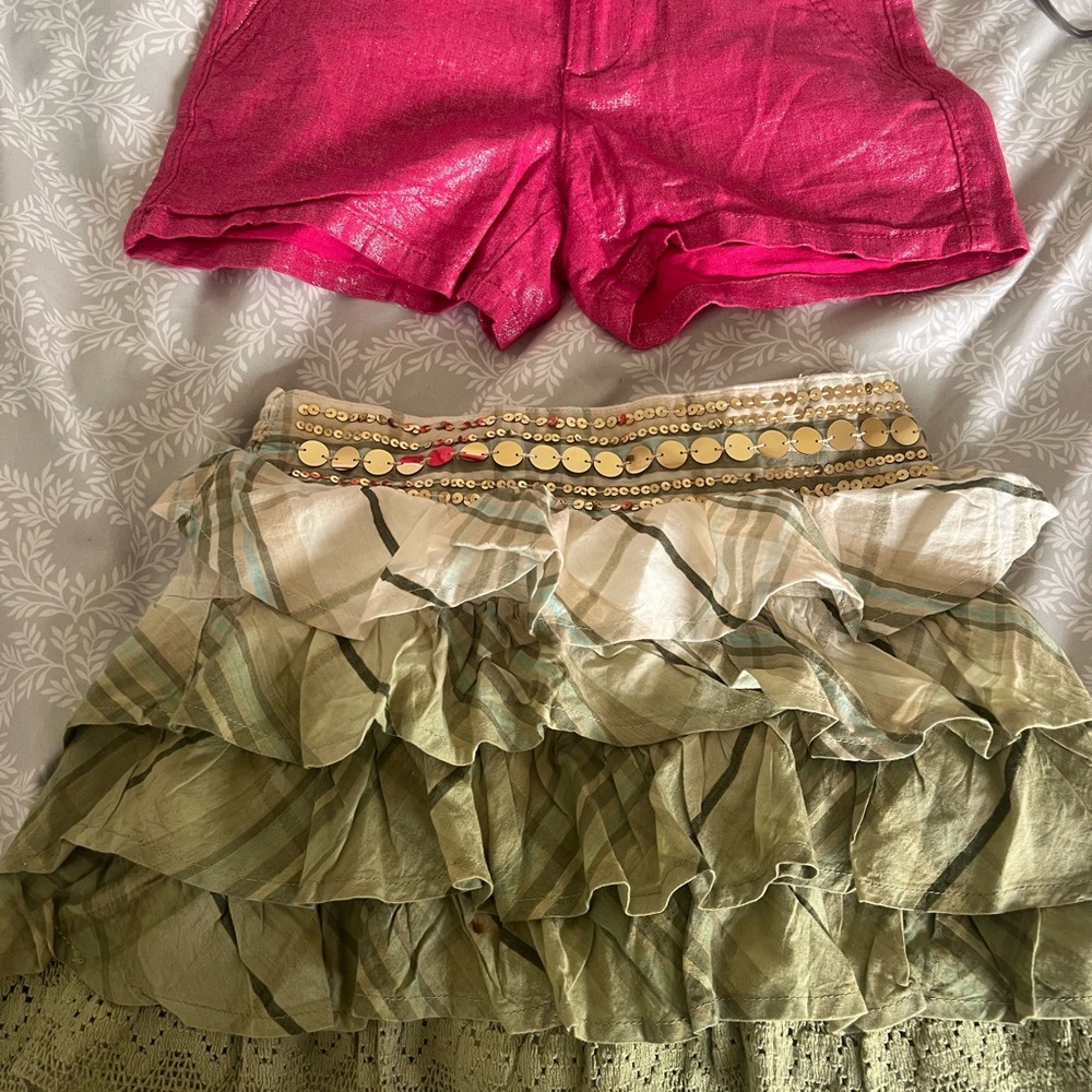 Justice Pink Shorts and Green Ruffle Skirt Set